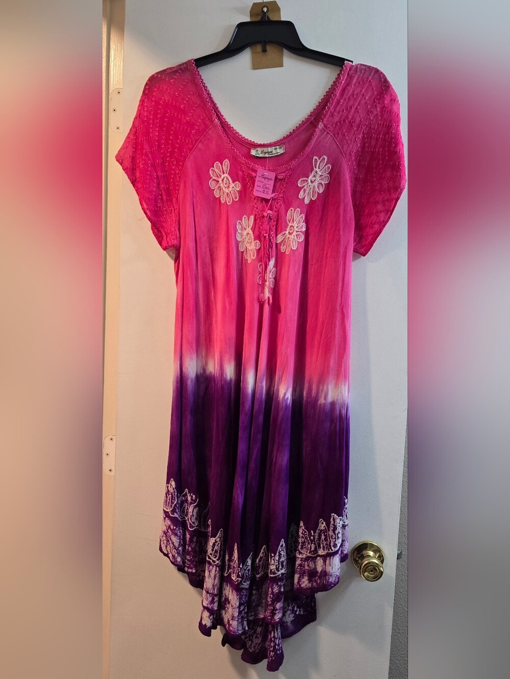 136 Lapogee Women's Pink to Purple Tie-Dye Midi Dress with Floral Embroidery